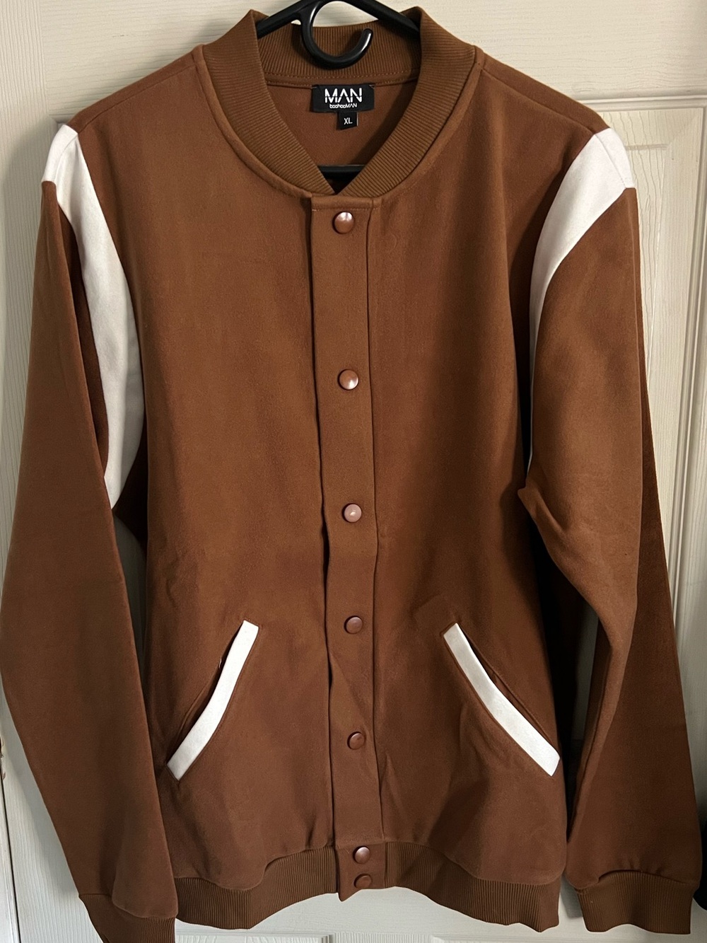 BoohooMan Brown Bomber Varsity Jacket with White Accents XL